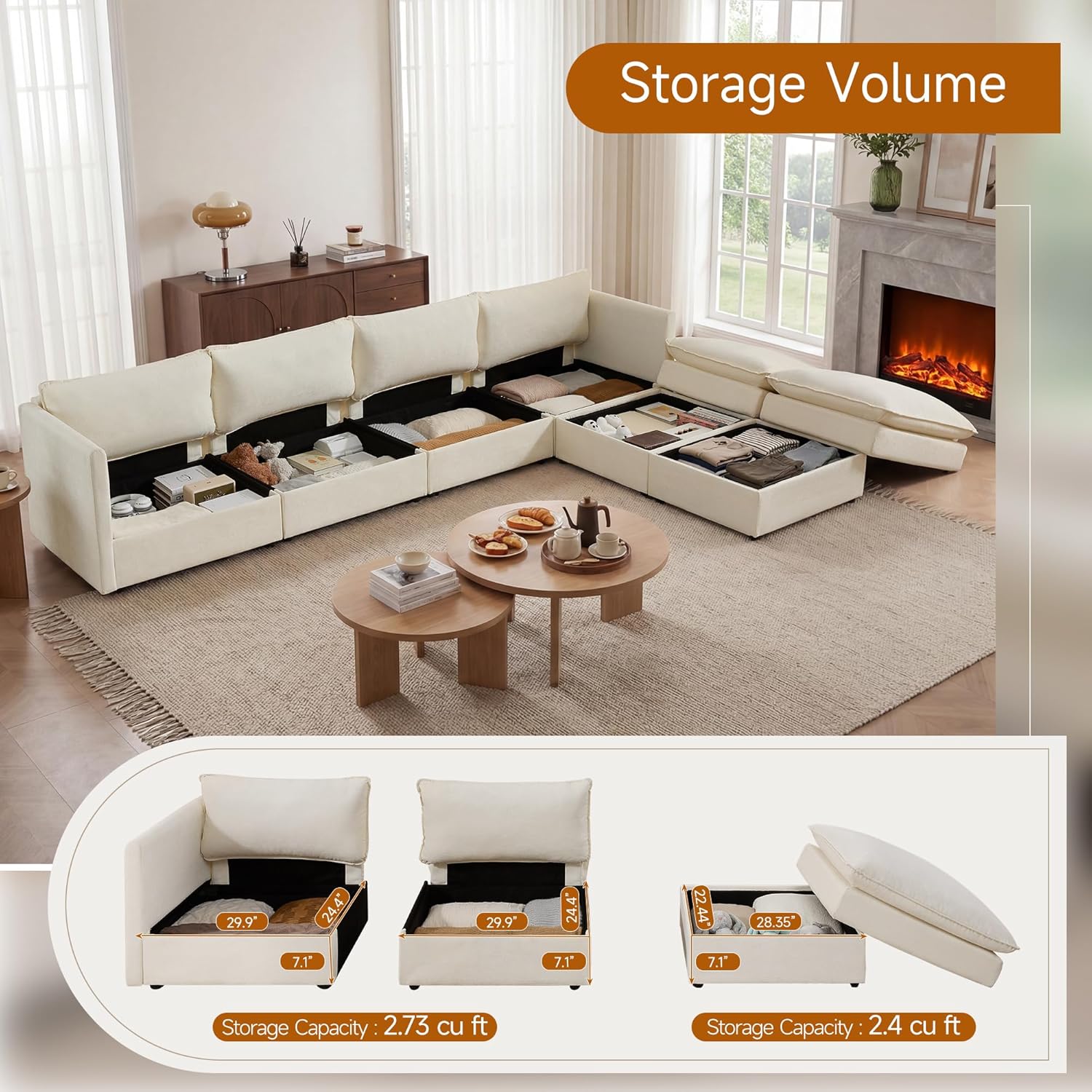 Modular Sofa with Storage, 135" U Shape Sectional Cloud Couch, Comfy Fabric Couch with Movable Ottoman, 6 Seat Modern Deep Seat Sofa for Living Room (Beige Chenille)