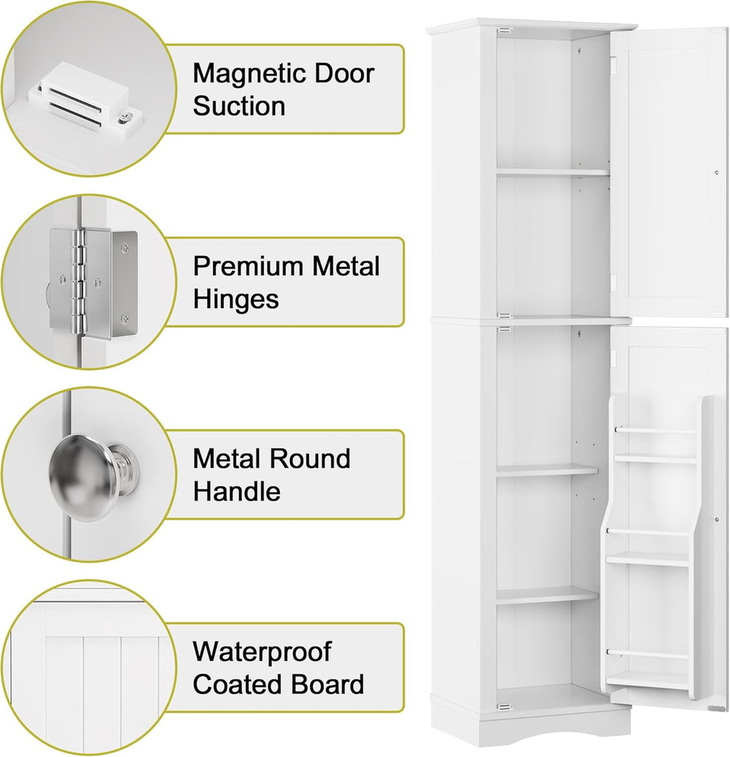 Function Home Tall Bathroom Storage Cabinet, 64" Slim Kitchen Pantry with Door Storage, Narrow Wood Freestanding Cabinets with Adjustable Shelves for Kitchen Living Room Dining Room, White