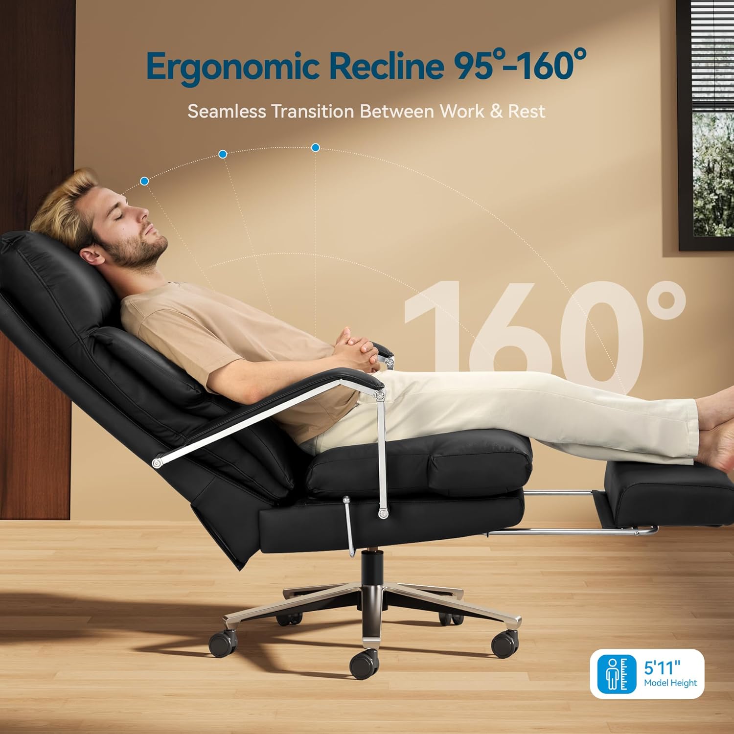 M76 160° Reclining Office Chair with Footrest, 10" Thick Cloud Cushion Executive Desk Chair, Extra Wide Cross-Legged Ergonomic Chair for Big and Tall, Adjustable Seat Depth, Easy Assembly, Black