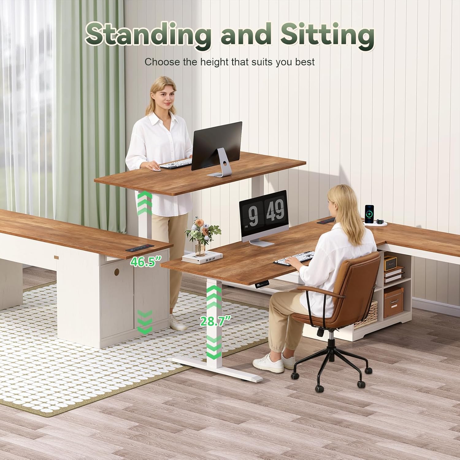 Farmhouse L Shaped Standing Desk, 66 inch Corner Electric Standing Desk with Drawers ＆ Storage Shelves, Height Adjustable Computer Desk with Power Outlets for Home Office, Antique White