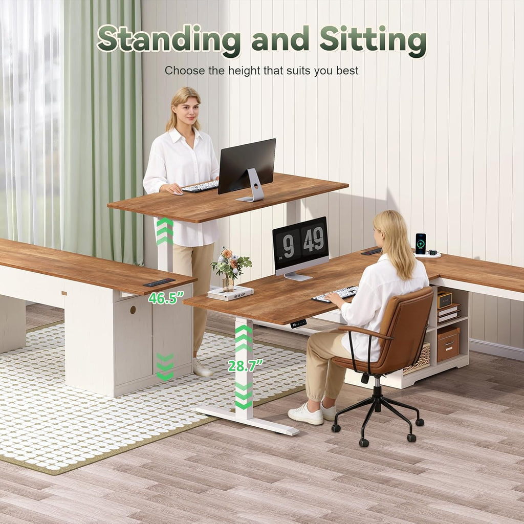 Farmhouse L Shaped Standing Desk, 66 inch Corner Electric Standing Desk with Drawers ＆ Storage Shelves, Height Adjustable Computer Desk with Power Outlets for Home Office, Antique White