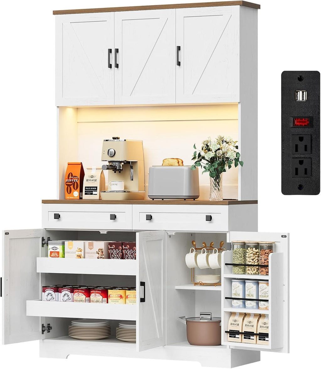 71" Kitchen Pantry Cabinet with Charging Station & LED Lights, Tall Kitchen Storage Cabinet with Hutch Coffee Bar, Farmhouse Pantry with Door Shelf & pull out Shelf for Dining Room Kitchen, White