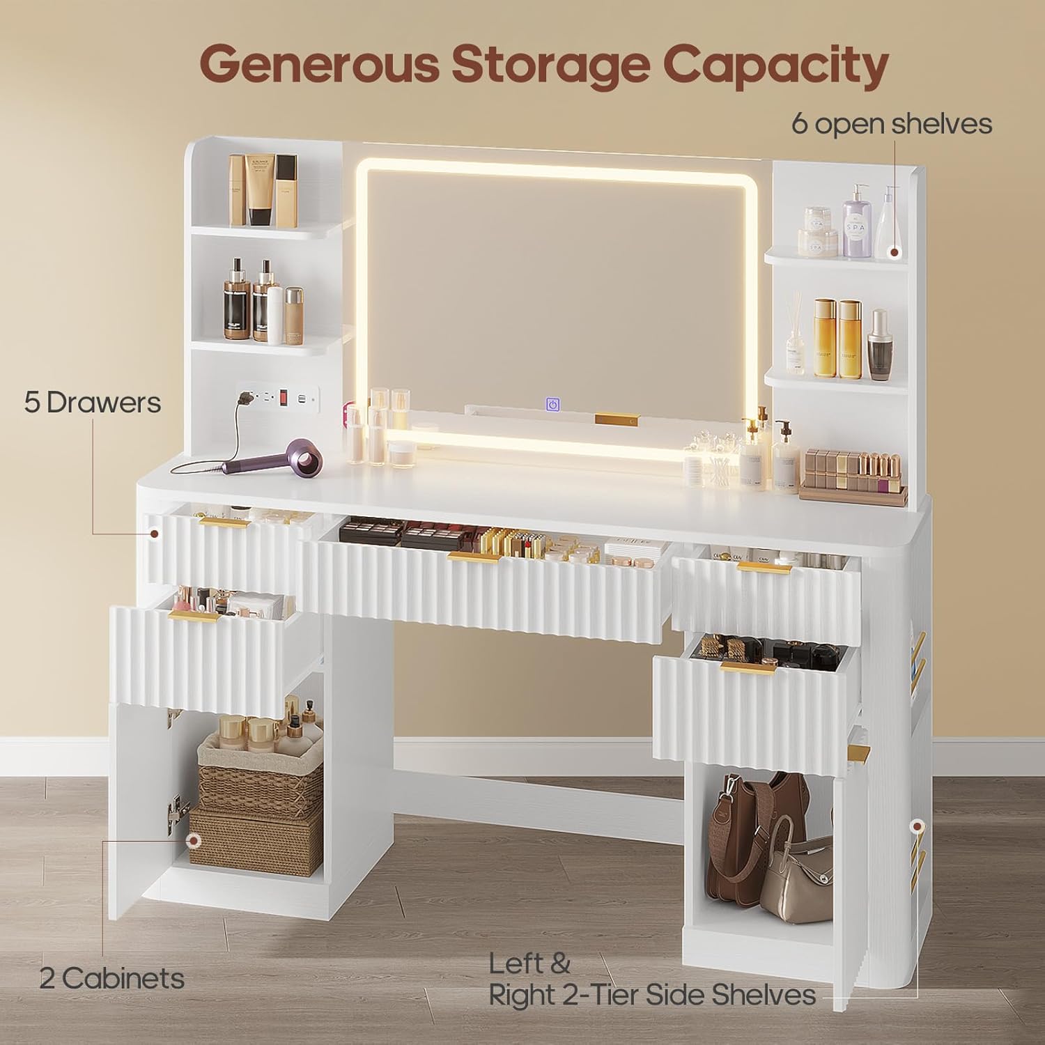 51.2" Fluted Makeup Vanity Desk with Large 30.3" Mirror and Lights, 5 Drawer Vanity with Power Strip, 6 Open Shelves, 2 Cabinet .Modern Dressing Table with Solid Wood Legs for Bedroom, White