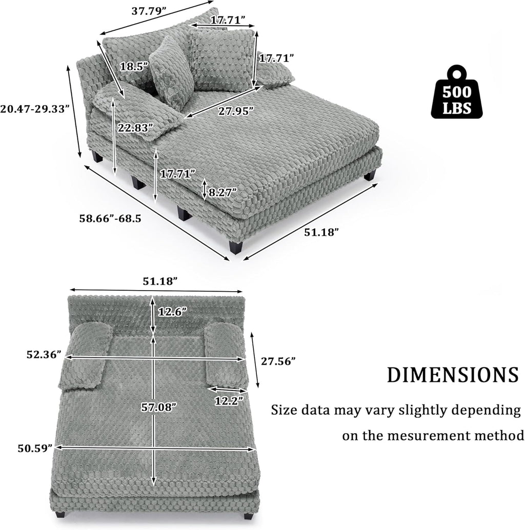 Faux Fur Chaise Lounge Indoor with Adjustable Backrest, 59 Inches Single Sleeper Sofa Chair with 3 Lumbar Pillows, Upholstered Oversized Lounge Chair for Living Room, Bedroom, Office