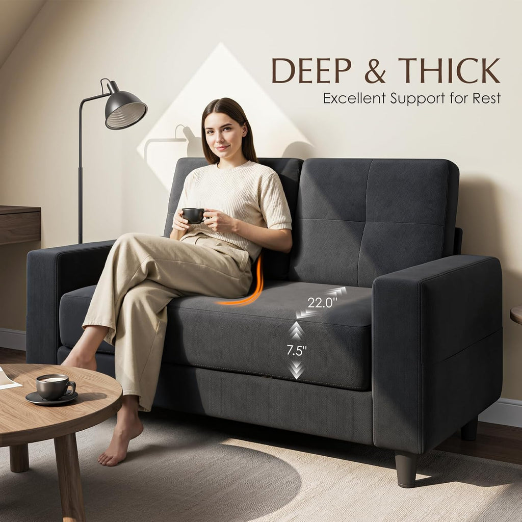 Loveseat Sofa丨53 inch Love Seat Small Couch for Small Space 丨7.5” Thick Seat Cushion Sofas for Bedroom丨Chenille Mini Couch for Apartment Dark Grey