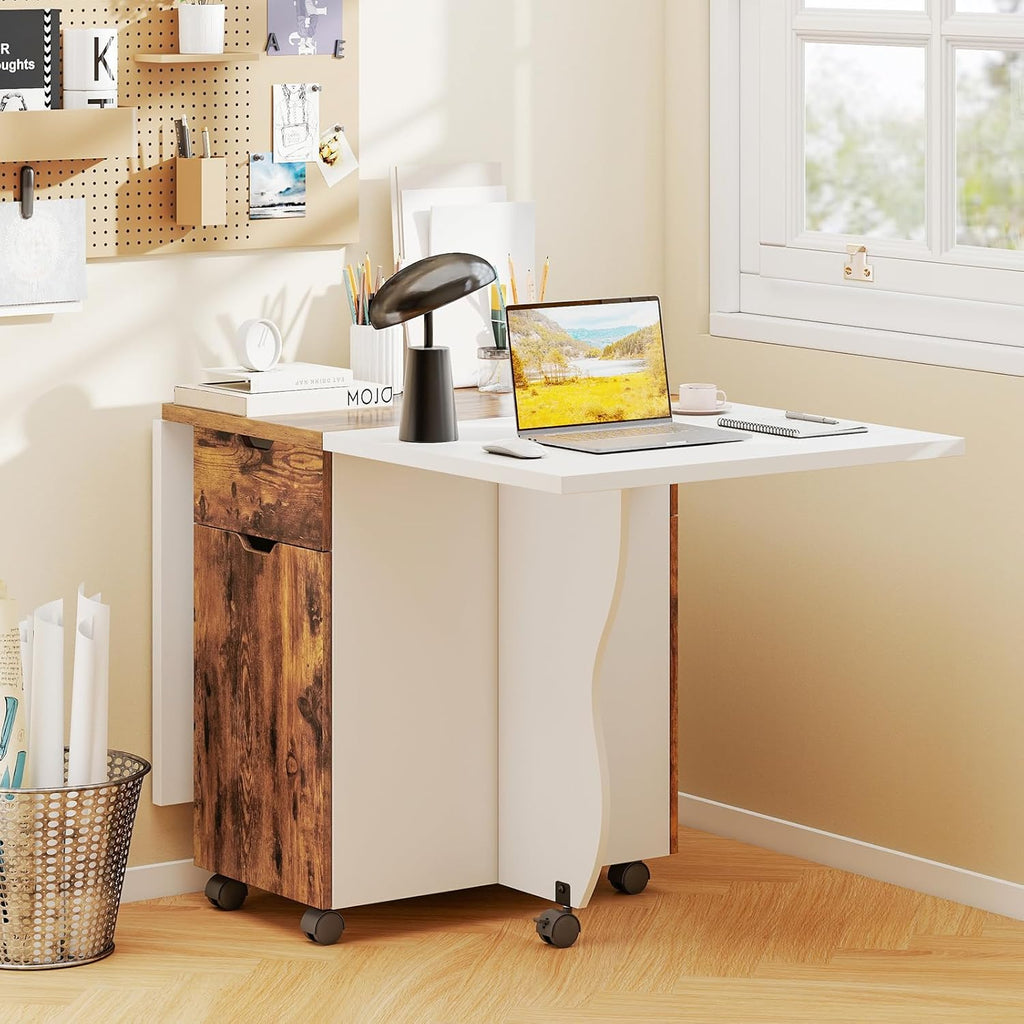 Giantex 3-in-1 Folding Dining Table for 4-6, 69-Inches Drop Leaf Kitchen Table with 2 Drawers and 2 Cabinets, Lockable Wheels, Foldable Dinner Tables for Small Spaces, Dinette (White+Brown)