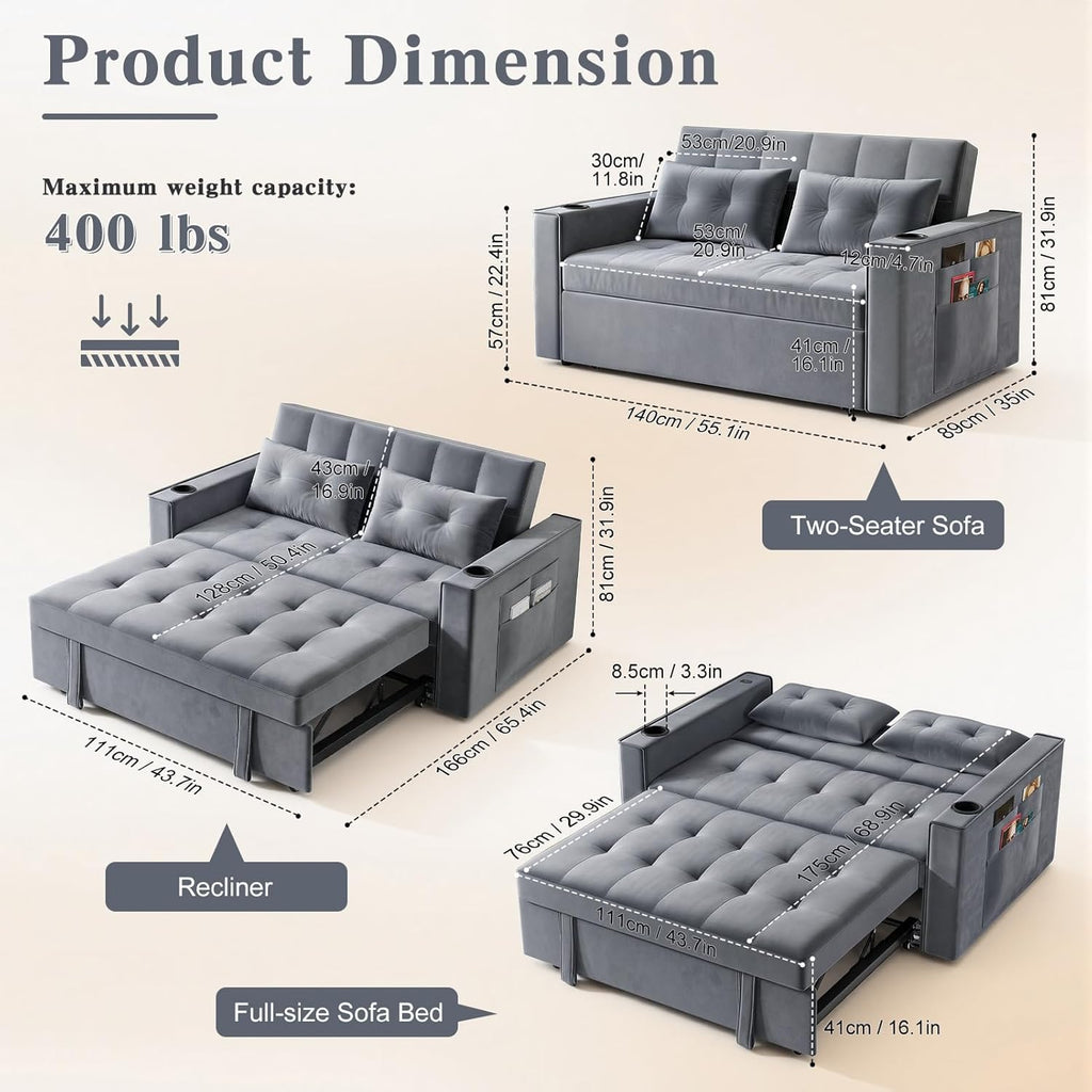 3-in-1 Pull Out Sofa Bed with Charging Station, Cup Holder & Side Storage - 70" Multi-Functional Recliner Sofa Bed for Home Living Room Grey 2