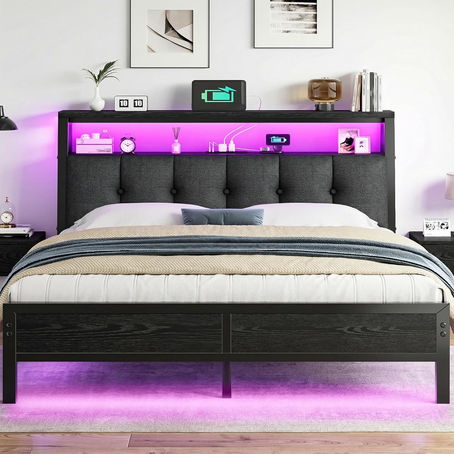 Full Size Bed Frame Smart RGB LED Lights, Grey Upholstered Headboard with Charging Station Type C&2-Tier Storage Shelves,12" Under-Bed Storage, Noise-Free,Easy Assembly,Black
