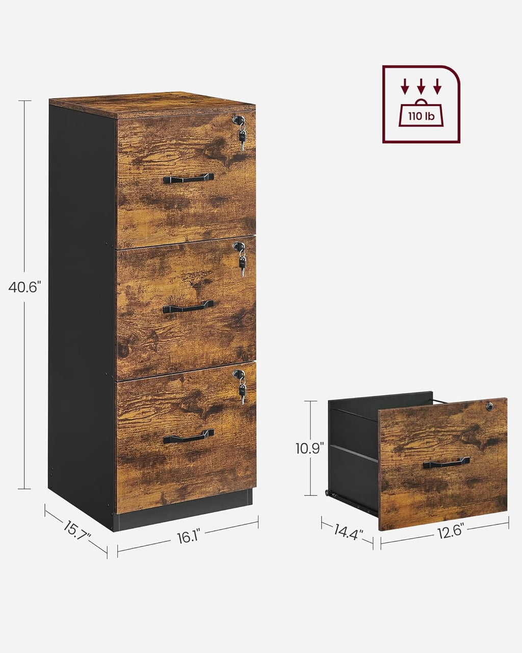 VASAGLE 3-Drawer Vertical File Cabinet, Filing Cabinet for Home Office, Printer Stand, with 3 Lockable Drawers, Adjustable Hanging Rail, for A4 and Letter-Size Files, Rustic Brown and Black UOFC055B01