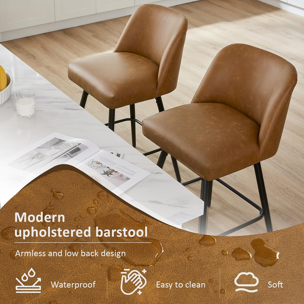 Counter Height Bar Stools Set of 4,360° Swivel Faux Leather Barstools with High Back 26" H Seat Height (Faux Leather-Saddle Brown, 4 Pieces - 26" Counter Height)