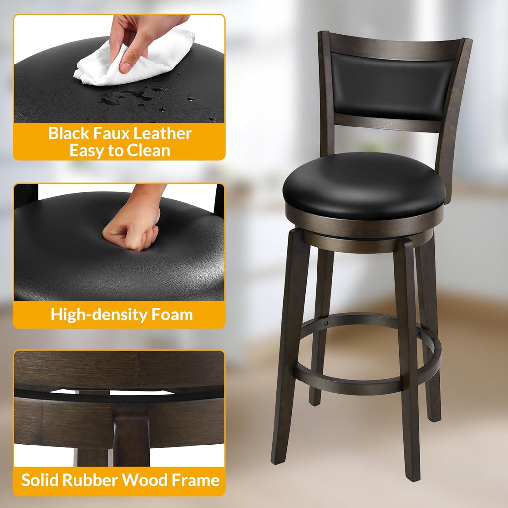 PrimeZone Swivel Bar Stools Set of 3, 26 Inch Counter Height Barstools, Black Faux Leather Bar Stool with High Backrest & Solid Wood Legs & Wrap-around Footrest, Counter Stools for Kitchen Island, Pub