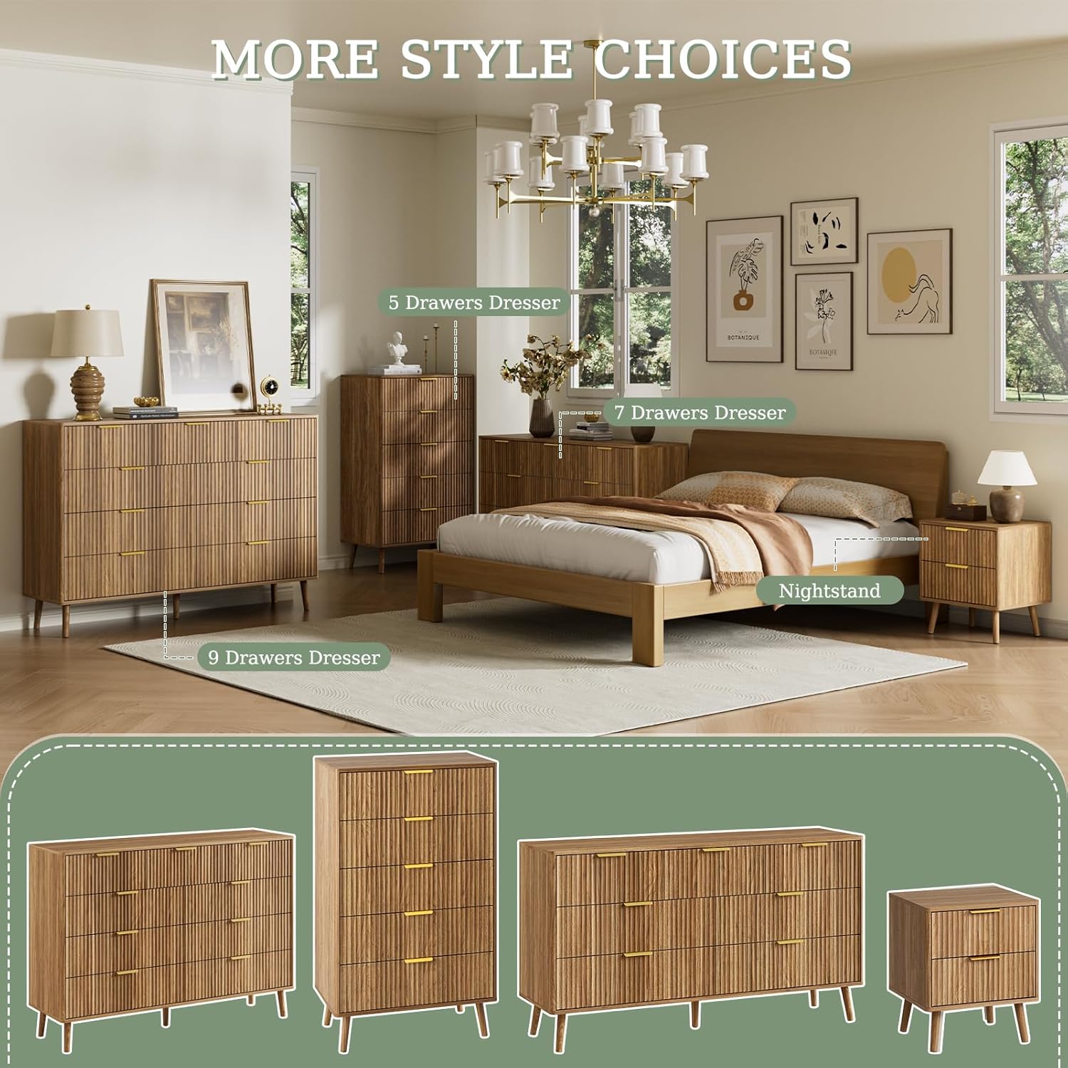 LYNSOM Fluted 5 Drawers Dresser, 45" Tall Modern Chest of Drawers with Curved Profile Design and Metal Handle, Wood Drawer Organizer for Bedroom, Living Room, Hallway, Entryway, Walnut