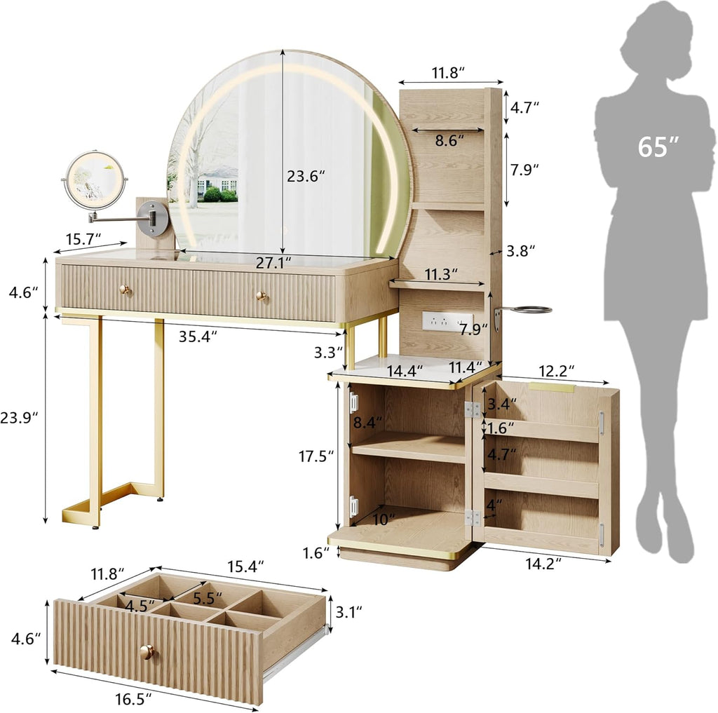 Vanity Desk w/5x Magnifying Mirror, Fluted Makeup Vanity w/Mirror and Lights, Glass Top Vanity, Dressing Table w/Power Outlet & Drawers, Adjustable Shelves for Bedroom, Women & Girls, Natural