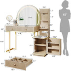 Vanity Desk w/5x Magnifying Mirror, Fluted Makeup Vanity w/Mirror and Lights, Glass Top Vanity, Dressing Table w/Power Outlet & Drawers, Adjustable Shelves for Bedroom, Women & Girls, Natural