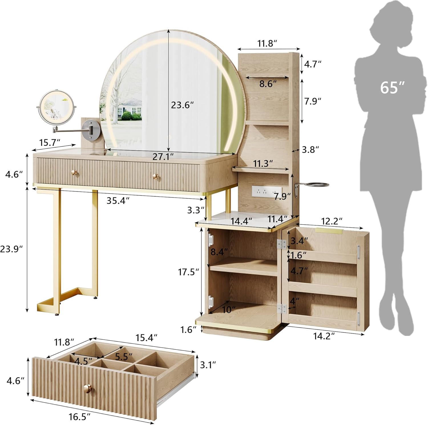 Vanity Desk w/5x Magnifying Mirror, Fluted Makeup Vanity w/Mirror and Lights, Glass Top Vanity, Dressing Table w/Power Outlet & Drawers, Adjustable Shelves for Bedroom, Women & Girls, Natural