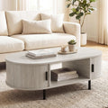 Giantex Oval Coffee Table, 47.5" Mid Century Modern Center Table with Sliding Tambour Doors, Hidden Storage & Open Compartment, Fluted Wood Living Room Tables for Small Spaces (Light Grey Oak)