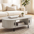 Giantex Oval Coffee Table, 47.5" Mid Century Modern Center Table with Sliding Tambour Doors, Hidden Storage & Open Compartment, Fluted Wood Living Room Tables for Small Spaces (Light Grey Oak)