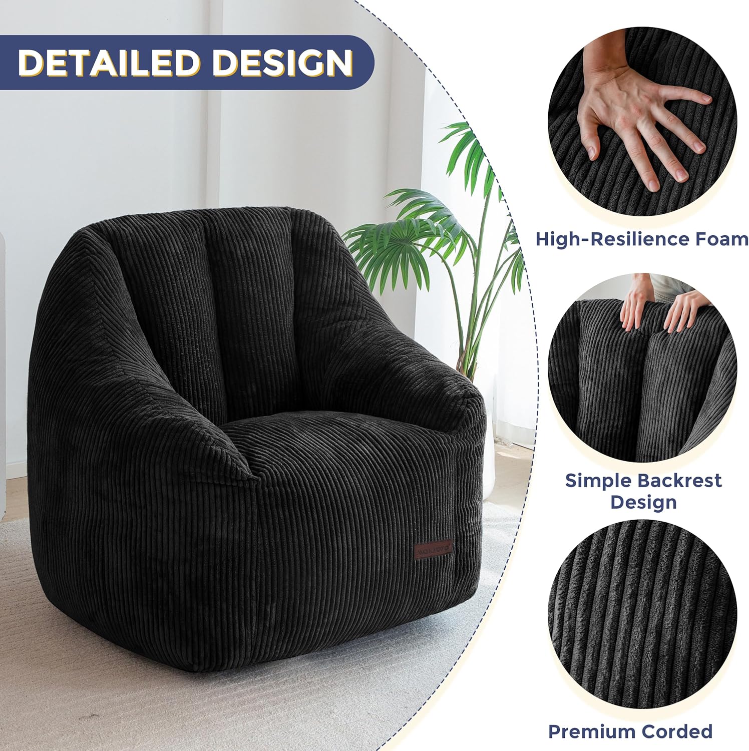 MAXYOYO Bean Bag Chair, Bean Bag Sofa with Filler, Cozy Living Room Chair for Adults and Kids, Stuffed Floor Sofa for Bedroom Dorm Reading, Black
