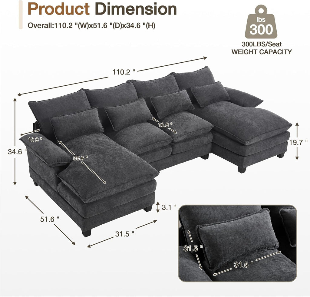 110.2" Modular U Shaped Cloud Couch, Modern 4-Seat Chenille Upholstery Sectional Sofa with Double Chaise & Double Layer Cushions, Deep Seat Comfy Couch for Living Room, Bedroom, Apartment,Grey