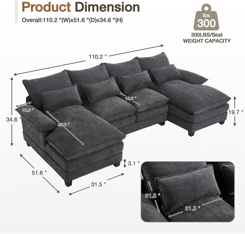 110.2" Modular U Shaped Cloud Couch, Modern 4-Seat Chenille Upholstery Sectional Sofa with Double Chaise & Double Layer Cushions, Deep Seat Comfy Couch for Living Room, Bedroom, Apartment,Grey