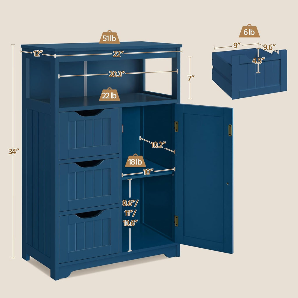 Yaheetech Bathroom Floor Cabinet, Free Standing Wooden Storage Organizer Multiple Tiers Storage Living Room Cabinet, Navy Blue