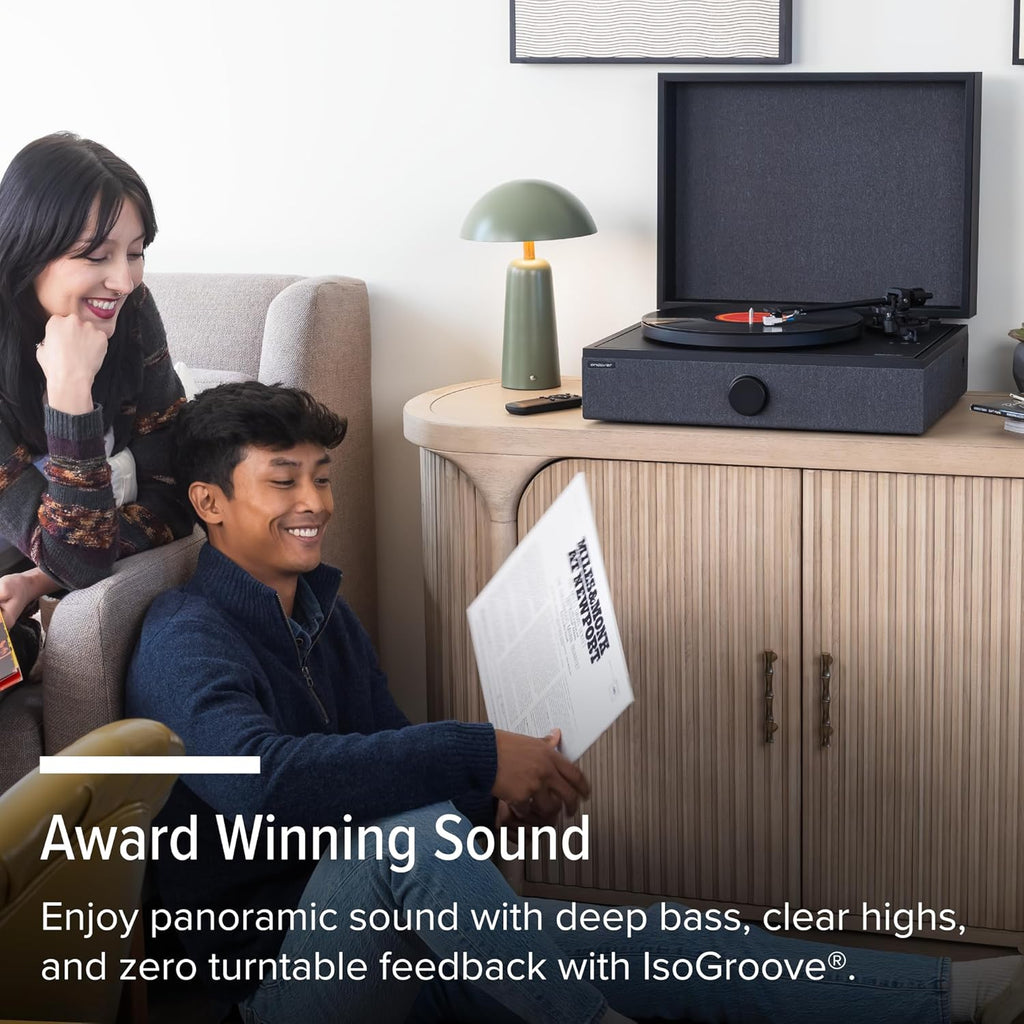 Andover Audio SpinPlay Premium All-in-One Record Player for Vinyl Record Playback - Semi-Automatic  Auto Power-On and Auto-Stop  Integrated Sound System with 270° Speaker Array - Black
