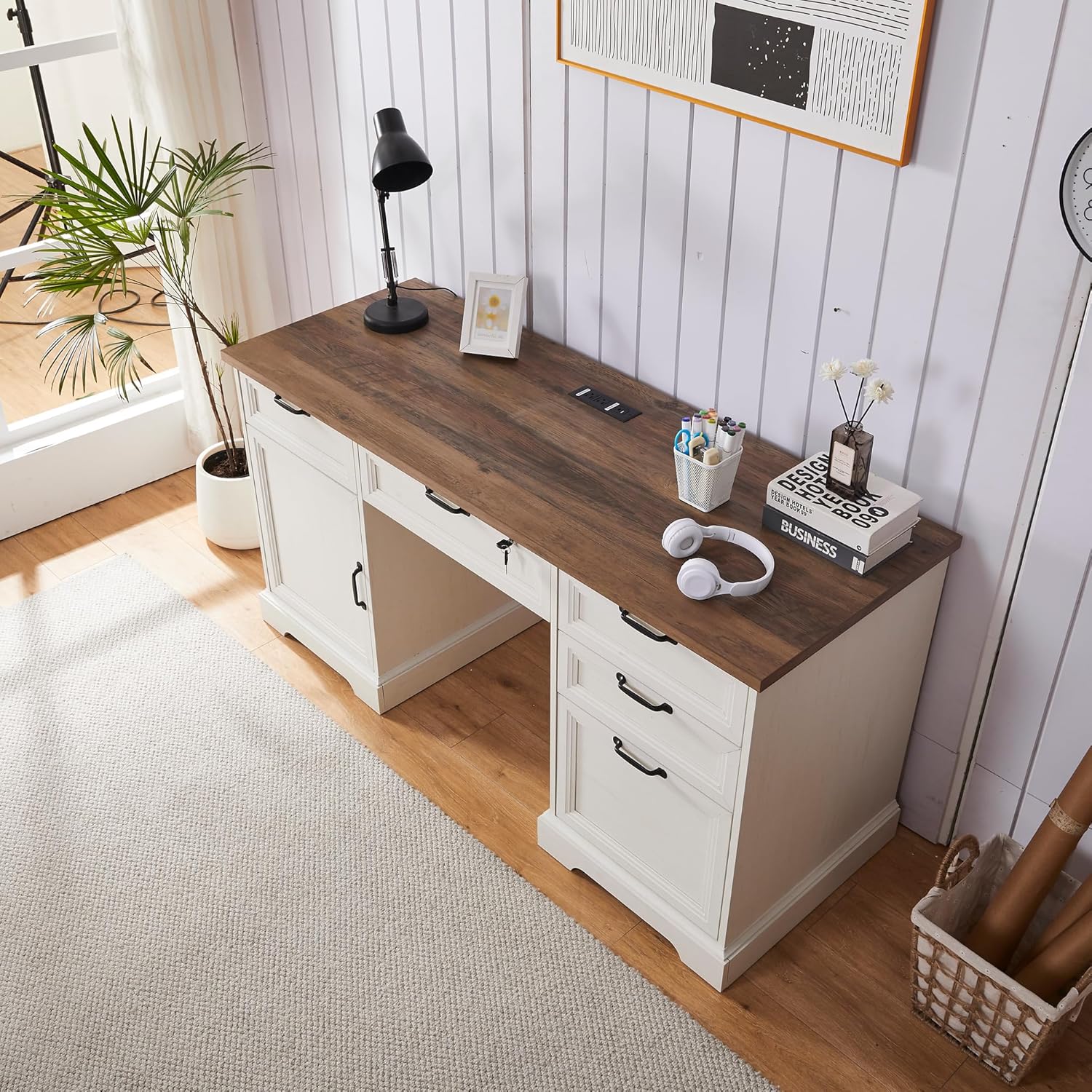 60" Farmhouse Executive Desk with Lock,Home Office Desk with Charging Station,Executive Desk with 4 Drawers & 1 Cabinet&1 File Cabinet for Office and Home