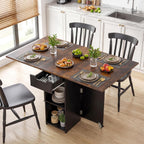 Giantex 47.5" Folding Dining Table for 2-4, Drop Leaf Wooden Dinner Table with 2-Tier Storage Shelf and Drawer, Lockable Wheels, Space Saving Kitchen Tables for Dinette, Small Space (Black+Brown)