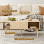 LCRBOL Coffee Table with Storage, Boho Dining Table with Sliding Fluted Door and Solid Wood Legs, Small Coffee Tables for Living Room, Oak