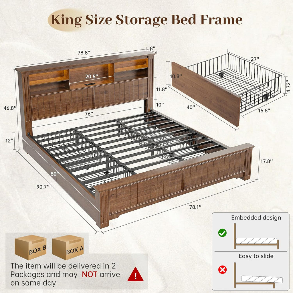 EnHomee King Size Bed Frame with 4 Storage Drawers, King Bed Frame and Headboard with LED Lights & Charging Ports,No Box Spring Needed,NO Noise,Wooden,Brown