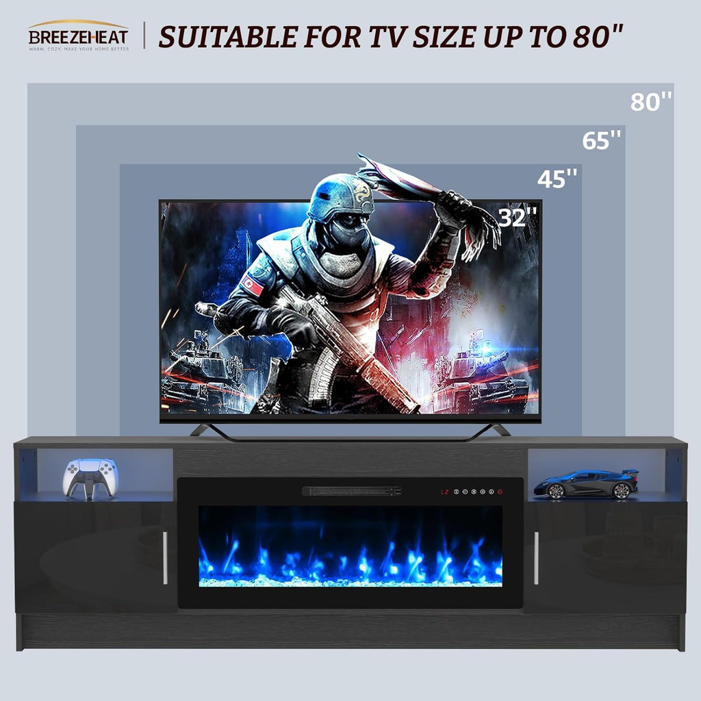 BREEZEHEAT Electric Fireplace TV Stand with 36 inch Fireplace Up to 80" TVs-Led Entertainment Center with High Glossy Doors-70 inch TV Cabinet, Modern Media Console for Living Room(Black)