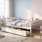 Giantex Full Kids Bed with Storage Drawers, Wood Montessori Bed with Rails & Side Shelf, Low Daybed Bed Frame for Boys Girls, No Box Spring Needed (White)