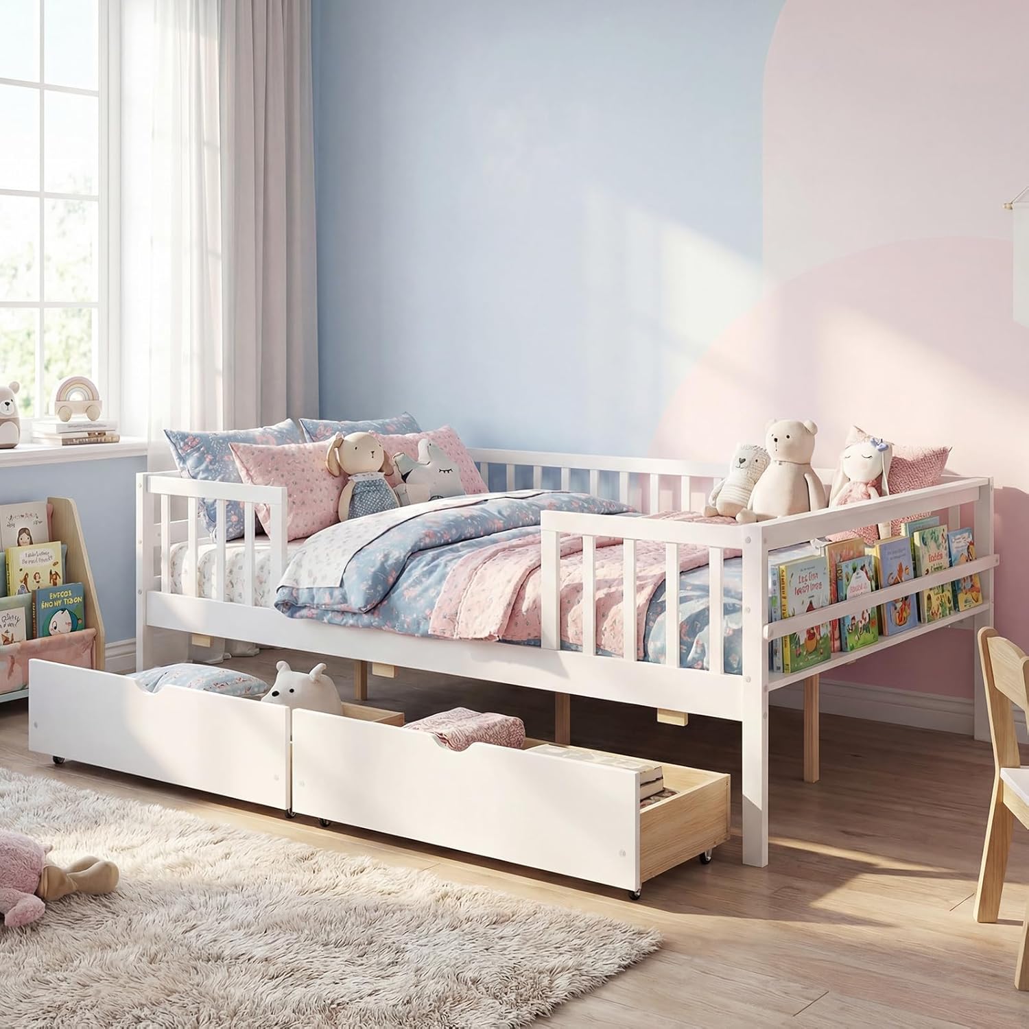Giantex Full Kids Bed with Storage Drawers, Wood Montessori Bed with Rails & Side Shelf, Low Daybed Bed Frame for Boys Girls, No Box Spring Needed (White)