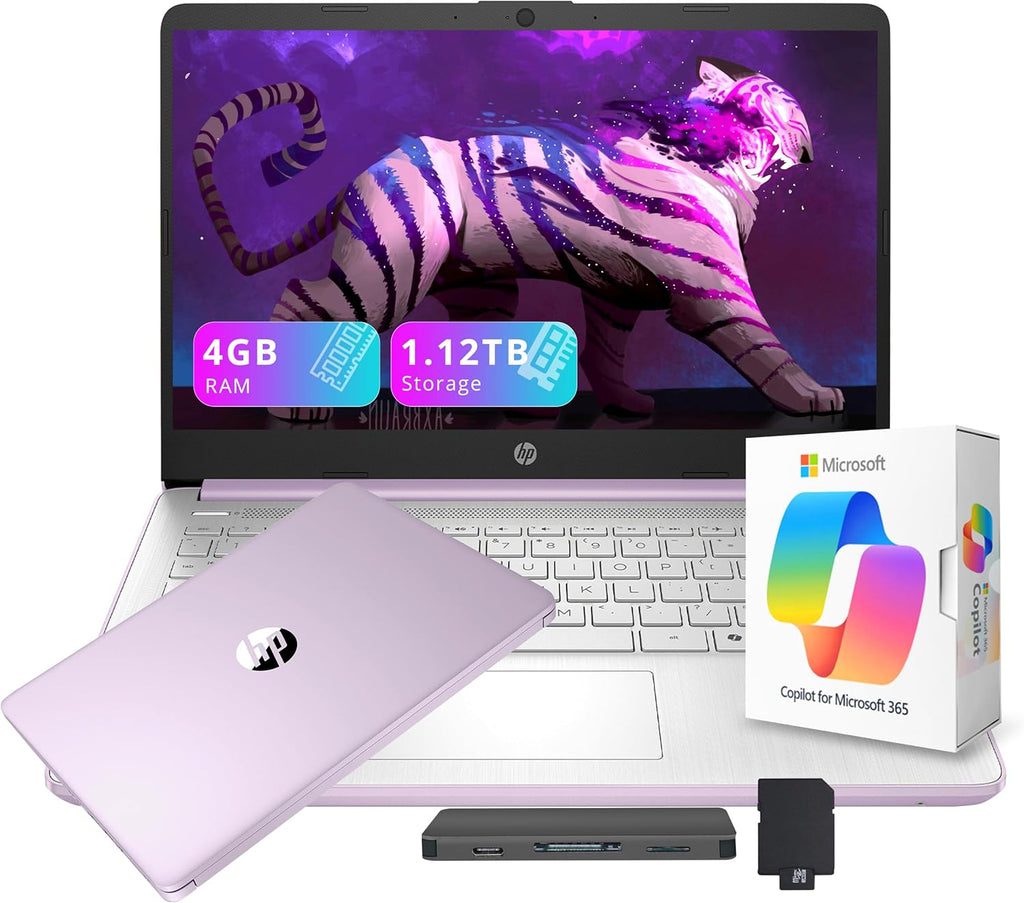 HP Flagship 14" HD Student&Business Laptop with AI Copilot  13th Gen Intel 4-Core  4GB RAM  1.12TB Storage (128GB UFS + 1TB Docking Station)  1 Year Office 365  Wi-Fi 6  Win 11 S  Lavender Purple
