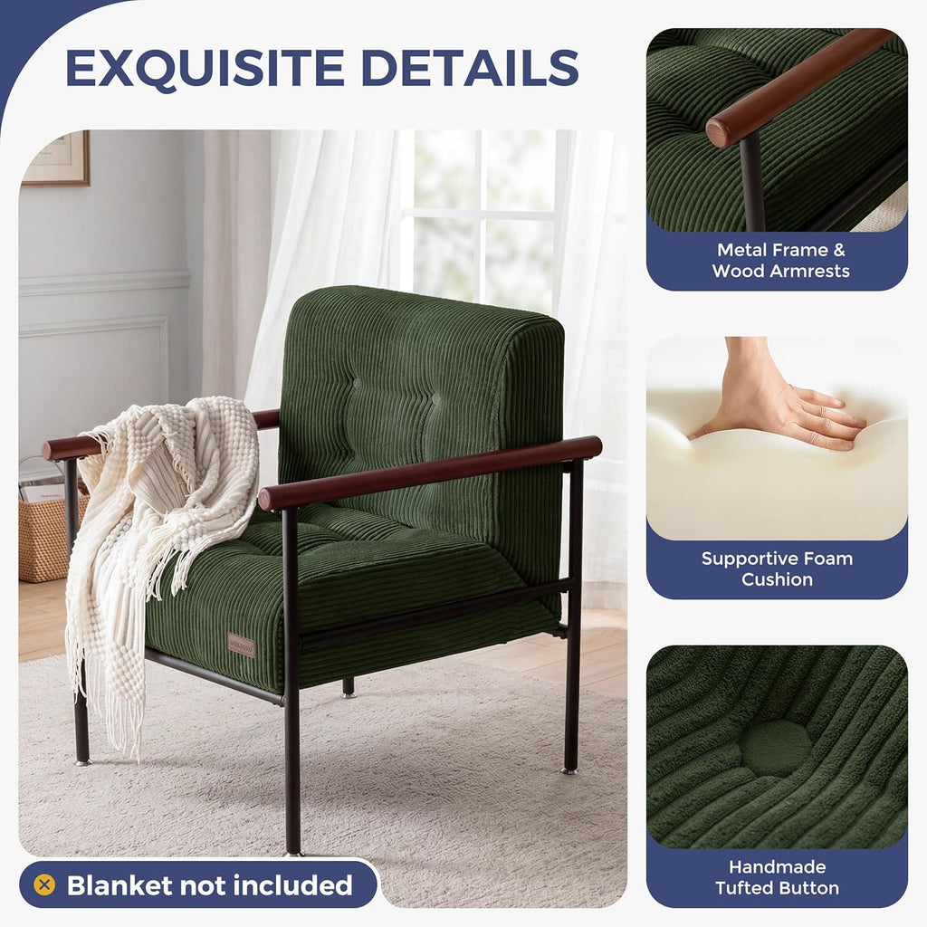 MAXYOYO Living Room Accent Chair, Modern Chair with Sturdy Metal Frame & Wood Armrests, Upholstered Reading Chair with Upholstered Cushion for Bedroom Balcony Porch, Dark Green