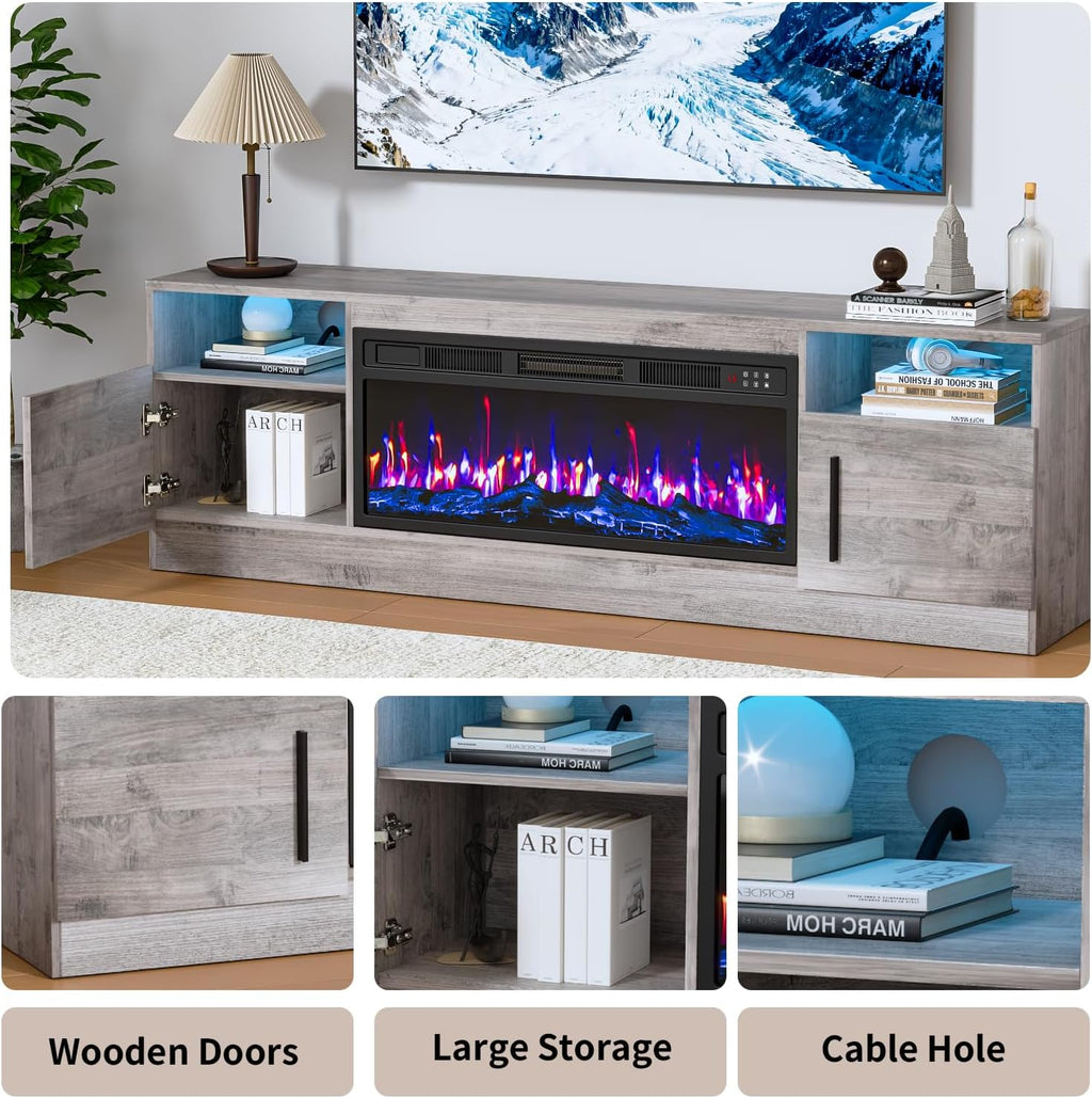 Fireplace TV Stand with 36" Fireplace Up to 80" TVs, 70" Entertainment Center with LED Lights, Remote Control, TV Media Console with Storage Cabinets for Living Room, Gray