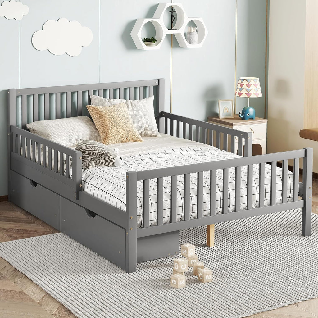 Bellemave Kids Full Size Bed Frame with Storage Drawers, Wood Full Bed Frames for Kids, Full Bed Frame with Headboard and Footboard for Boys Girls, No Box Spring Needed,Gray