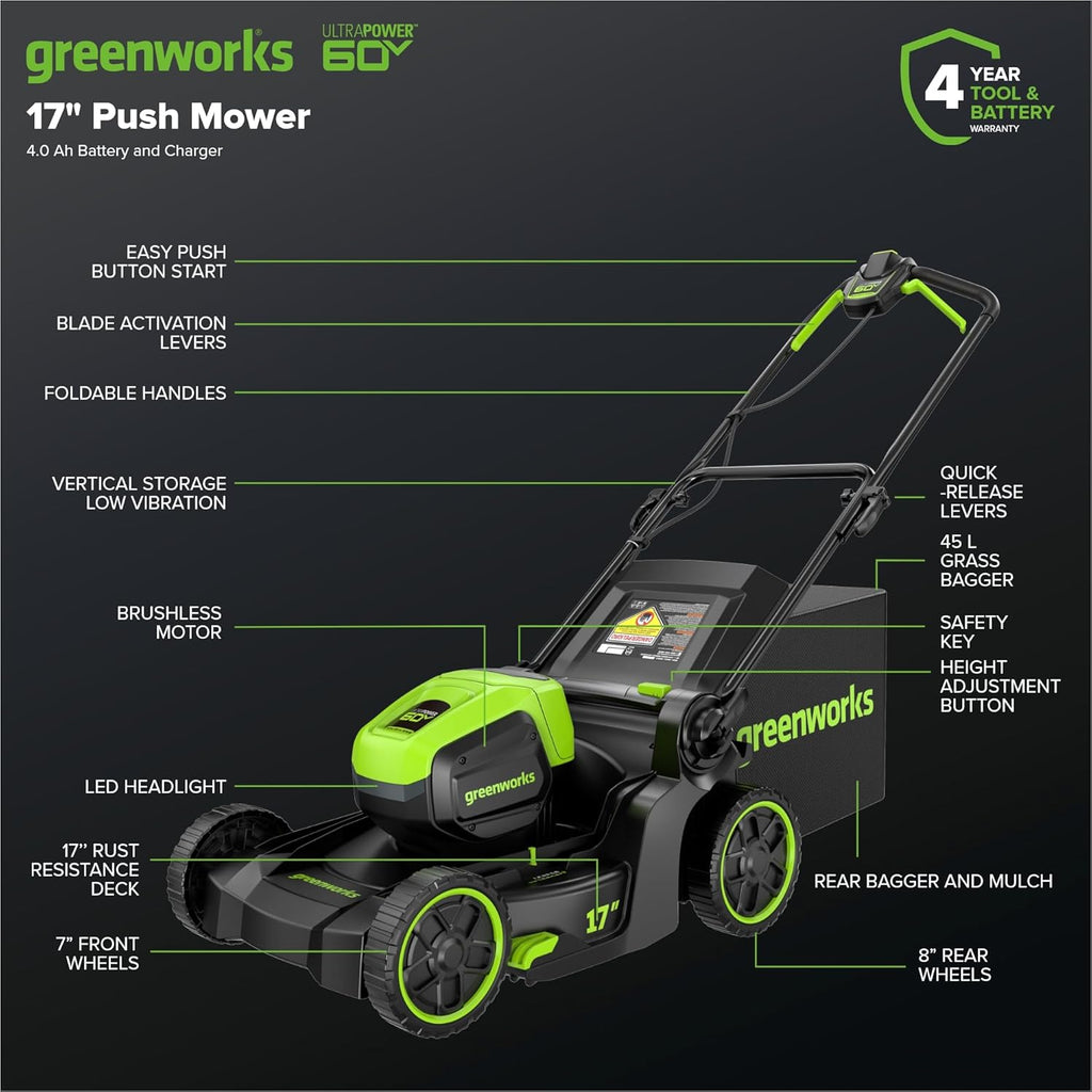 Greenworks 60V 17" Brushless (Push) Mower + 60V (610 CFM) Brushless Blower  4.0Ah Battery and 3A Charger