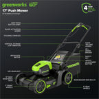 Greenworks 60V 17" Brushless (Push) Mower + 60V (610 CFM) Brushless Blower  4.0Ah Battery and 3A Charger