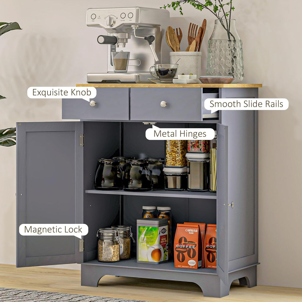 HOMCOM Sideboard Buffet Cabinet with Solid Wood Countertop, Modern Kitchen Storage Cabinet, Coffee Bar Cabinet with 2 Drawers, Doors and Adjustable Shelf, Gray