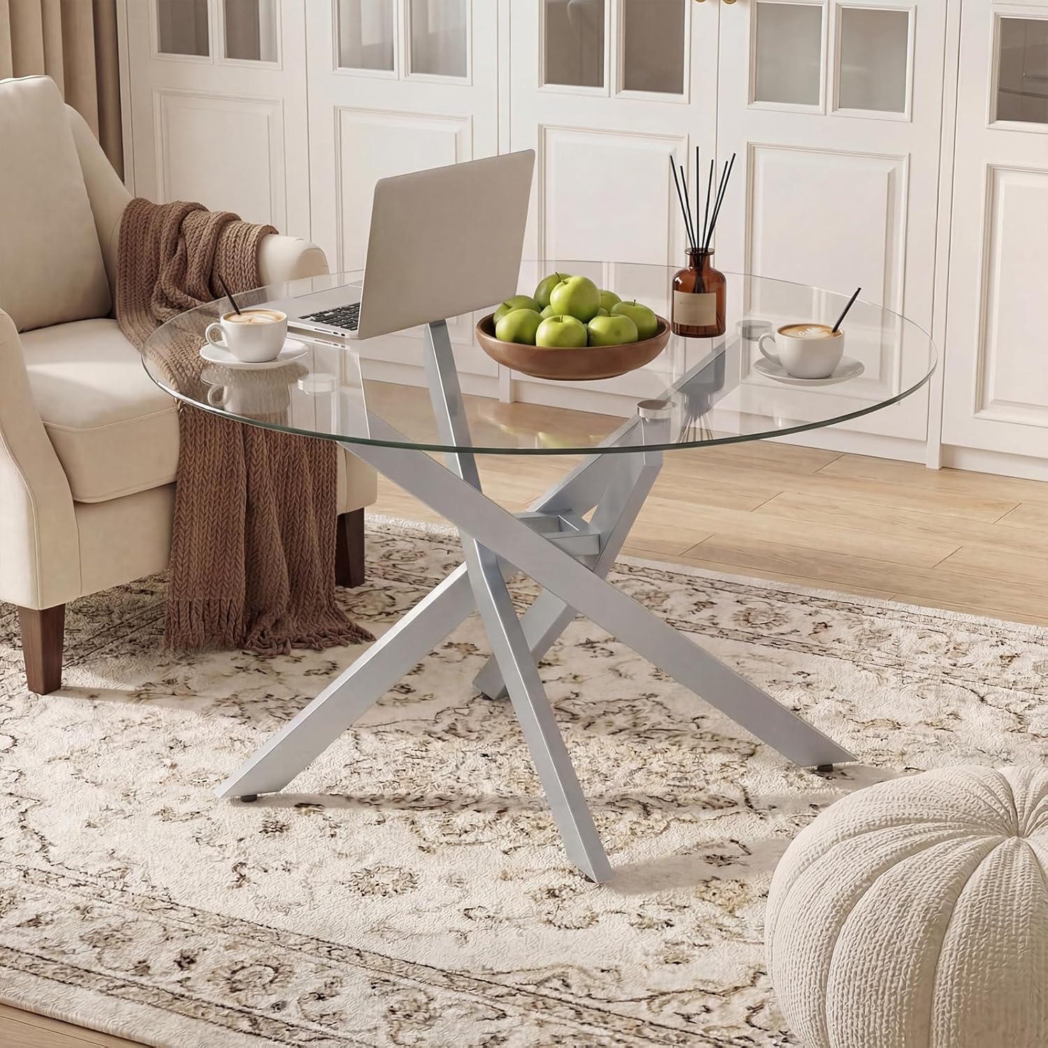 Giantex Round Glass Coffee Table, 31.5" Modern Center Table with Tempered Glass Top & Geometric Metal Frame, Clear Accent Cocktail Table, Small Coffee Table for Living Room, Small Spaces (Silver)