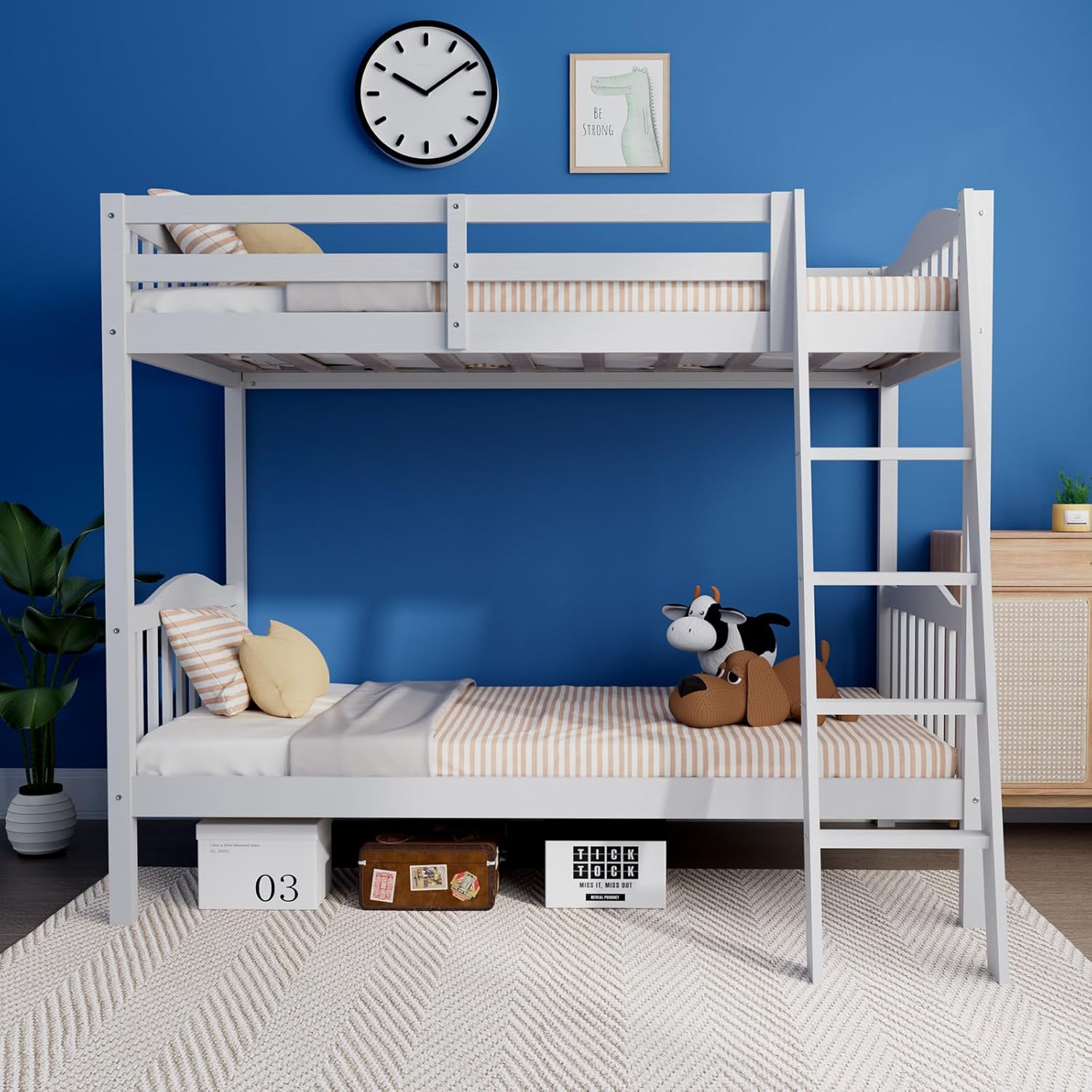 VINGLI Solid Wood Bunk Bed Twin Over Twin Classic, Twin Bunk Beds for Kids and Adults with Full Length Guardrails and Flats Pedals,Easy Assembly,No Box Spring Required,White