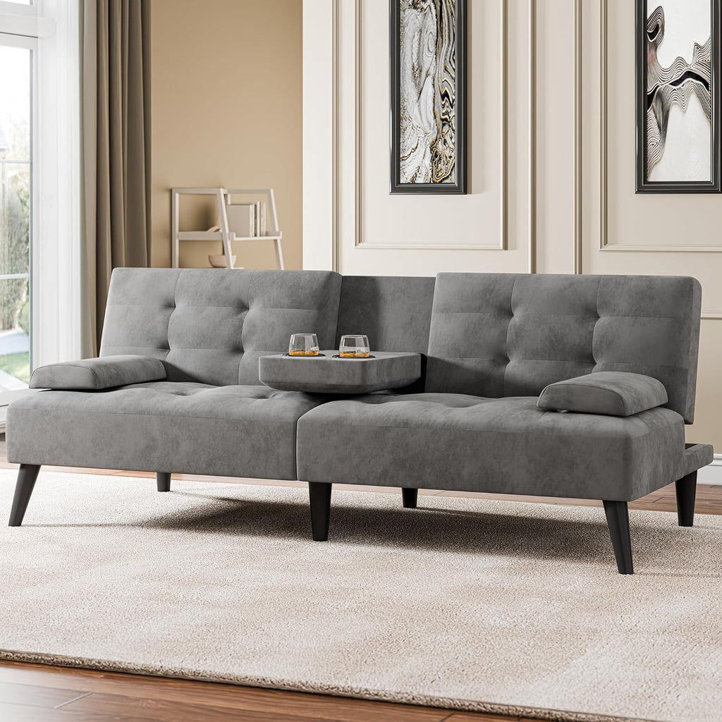 Meilocar 64" Futon Sofa Bed, Convertible Loveseat with 2 Cup Holders, Small Couch with 3 Adjustable Angles & Armrests, Sleeper Sofa for Small Apartment, Office, Dark Grey | small couch