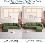 LINSY HOME Oversized Convertible Sofa Bed with 2 Pillows & Ottoman, Corduroy Boneless Couch Folding Modular Sleeper Sofa, L Shaped Couch Floor Sofa for Living Room Apartment, Upgrade Backrest (Green)