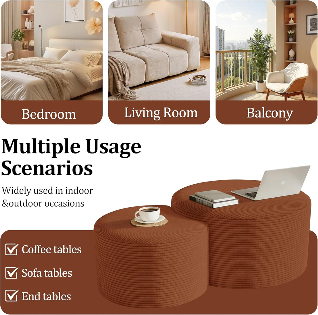 Round Nesting Coffee Table Set of 2,Upholstered Foam Ottoman Footrest Side Table Set,Modern Flannel Circle Coffee Table No Assembly for Living Room Entryway Bedroom,Orange