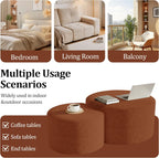 Round Nesting Coffee Table Set of 2,Upholstered Foam Ottoman Footrest Side Table Set,Modern Flannel Circle Coffee Table No Assembly for Living Room Entryway Bedroom,Orange