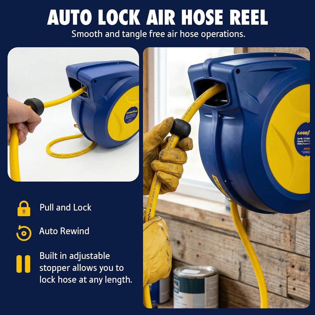 Goodyear Retractable Air Hose Reel, 3/8" x 50 FT, 300 PSI Hybrid Polymer Hose, Spring-Driven Automatic Rewind, Leak-Proof Swivel, Wall & Ceiling Mountable