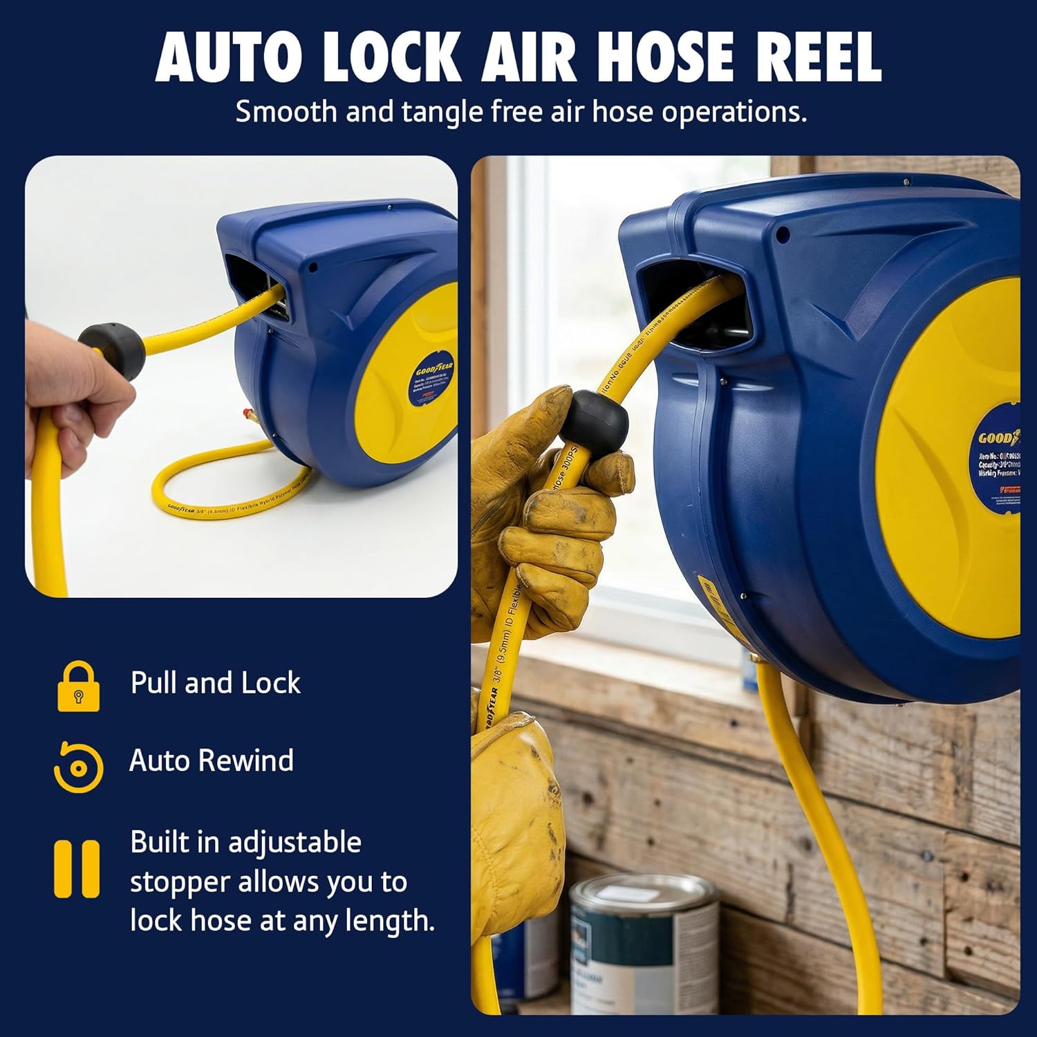 Goodyear Retractable Air Hose Reel, 3/8" x 50 FT, 300 PSI Hybrid Polymer Hose, Spring-Driven Automatic Rewind, Leak-Proof Swivel, Wall & Ceiling Mountable