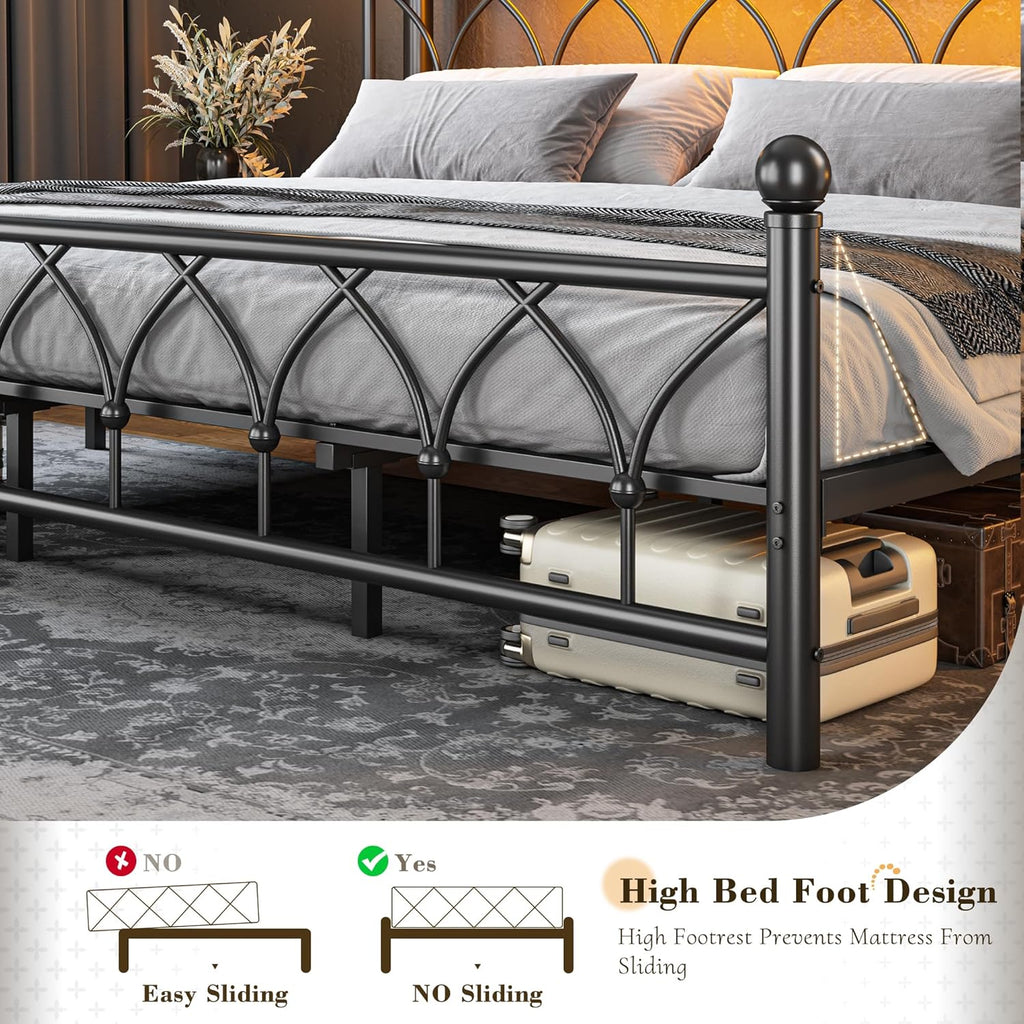 EnHomee 54" King Bed Frame with Tall Storage Headboard, Metal King Size Bed Frame with LED Lights and Power Outlets, Sturdy & Noise-Free, Metal Slats, No Box Spring Needed, Black