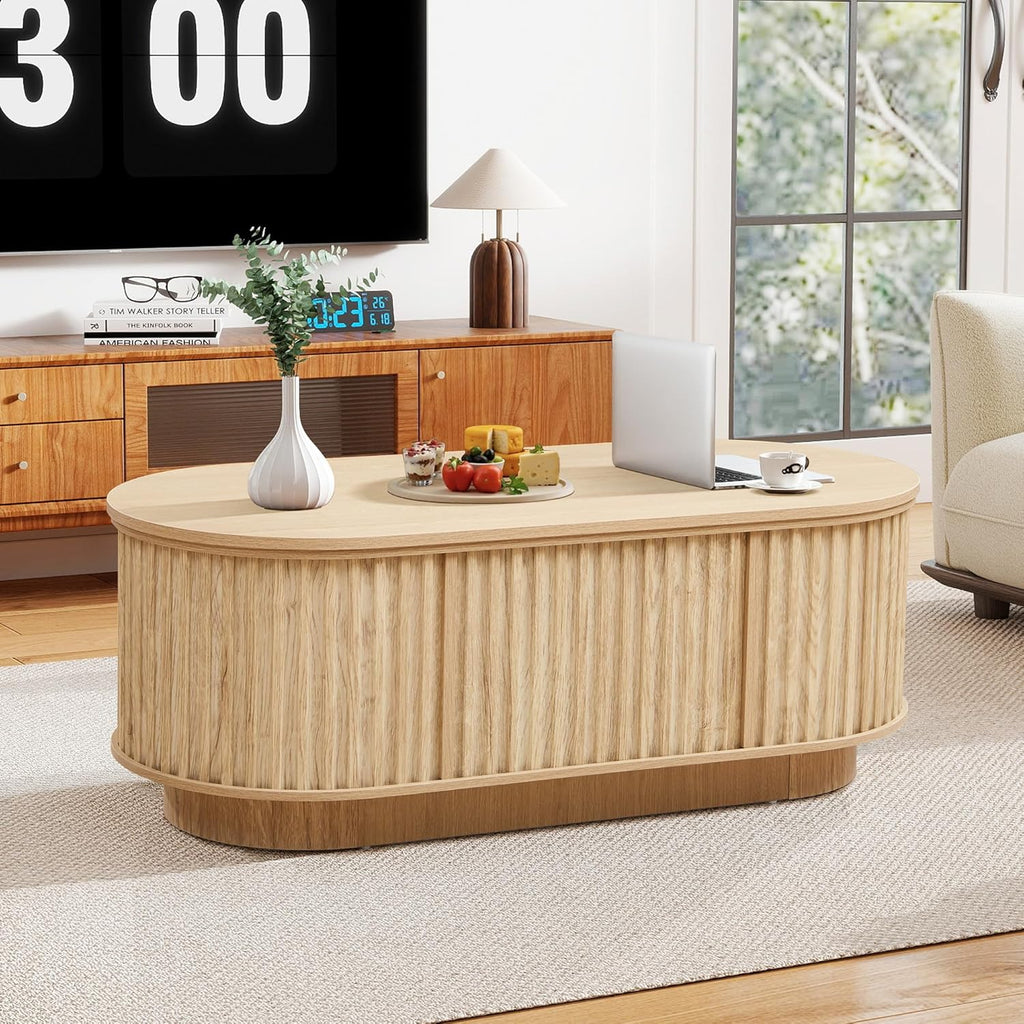 43.3''Lift Top Coffee Table with Storage,Oval Center Table with Hidden Compartment,Mid Century Modern Coffee Tables for Living Room,Fluted Wooden Lift Tabletop for Small Space Apartment Office,Natural